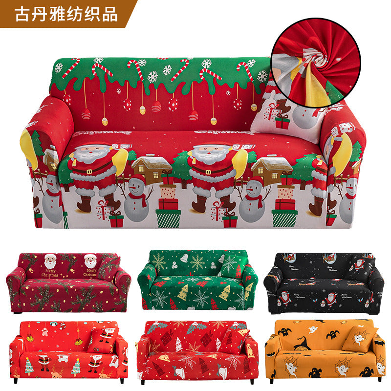 圣诞老人印花弹力全包沙发套 防滑隔脏防猫抓全包沙发罩子 沙发罩